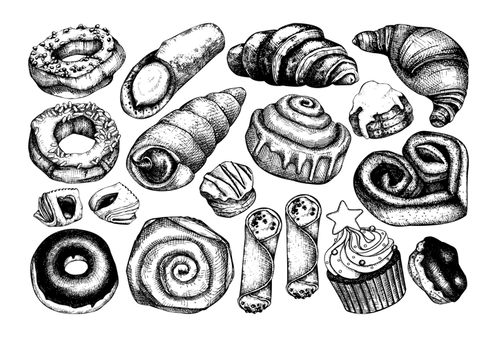 Vector collection of illustrations for bakery shop, cooking isolated on white background. Hand drawn sweet products, desserts, pastries, baking goods in sketch style.